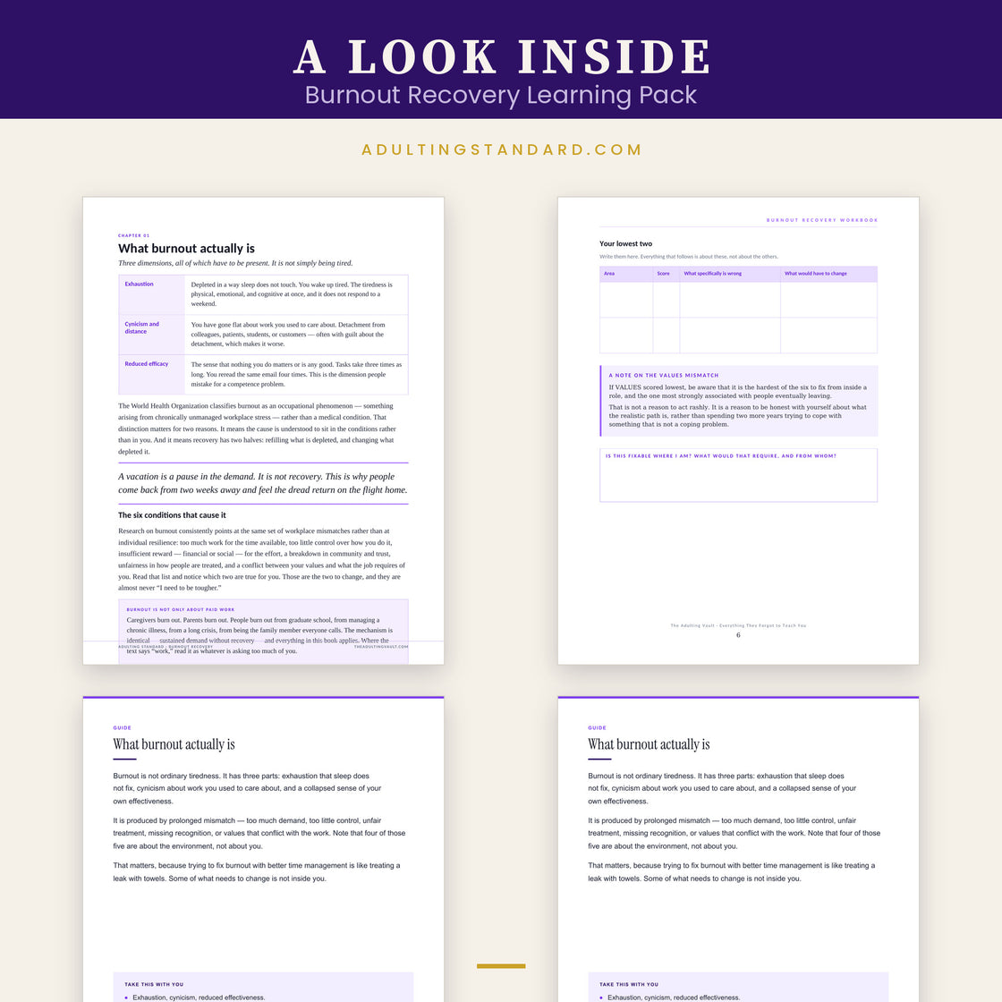 Burnout Recovery Learning Pack — a look inside — sample pages