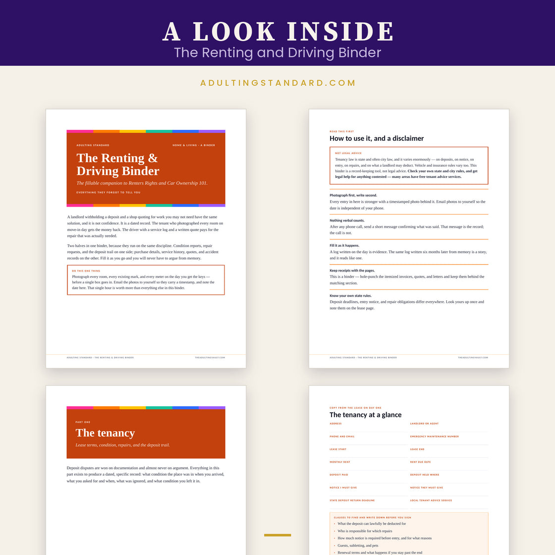 The Renting and Driving Binder — a look inside — sample pages
