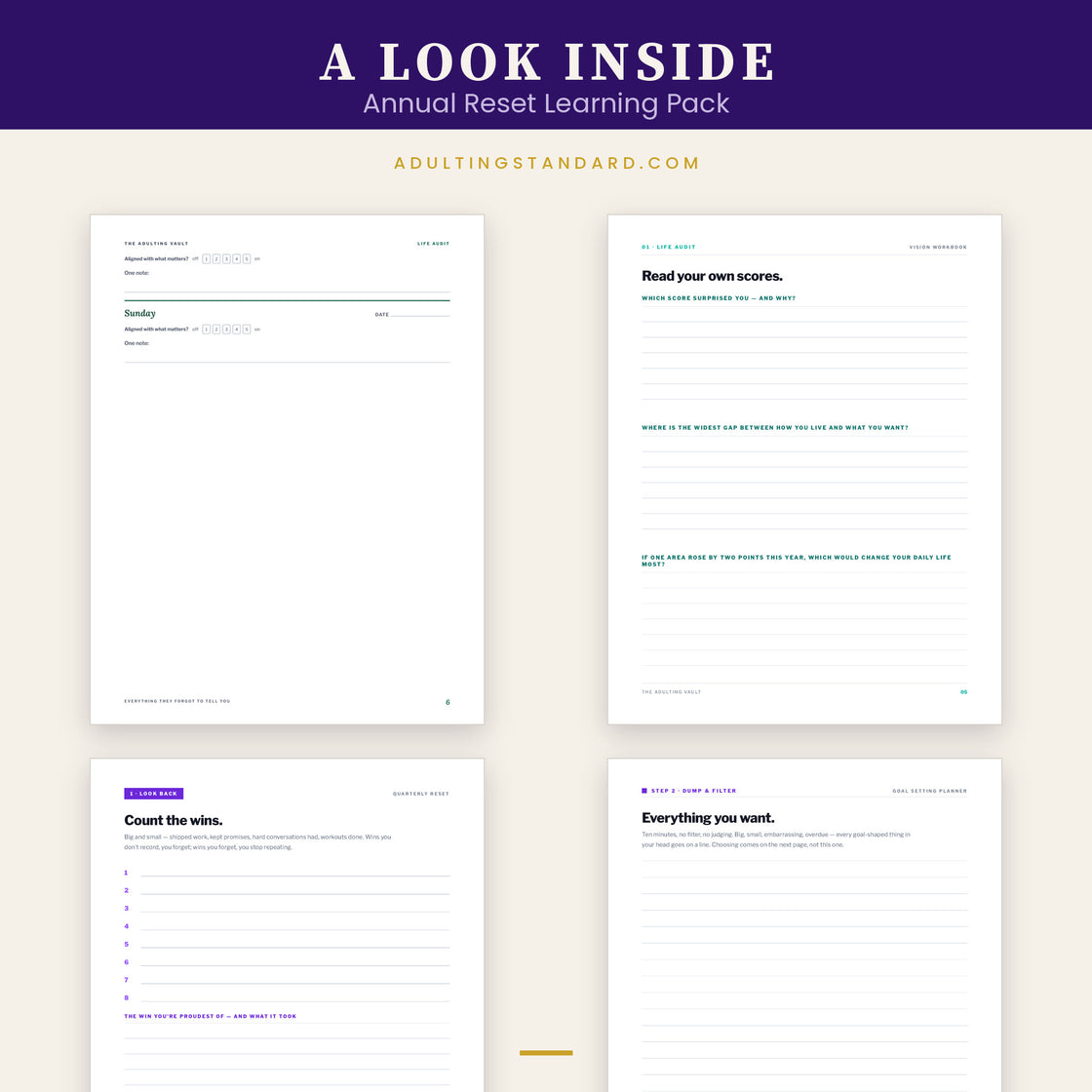 Annual Reset Learning Pack - Print Edition interior pages — sample pages