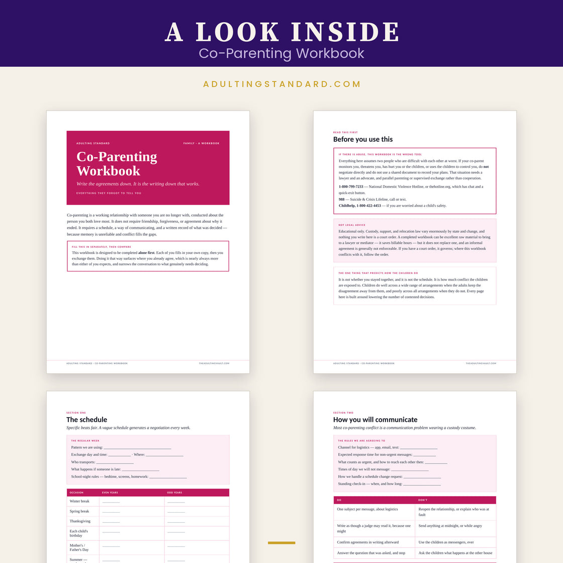 Co-Parenting Workbook — a look inside — sample pages