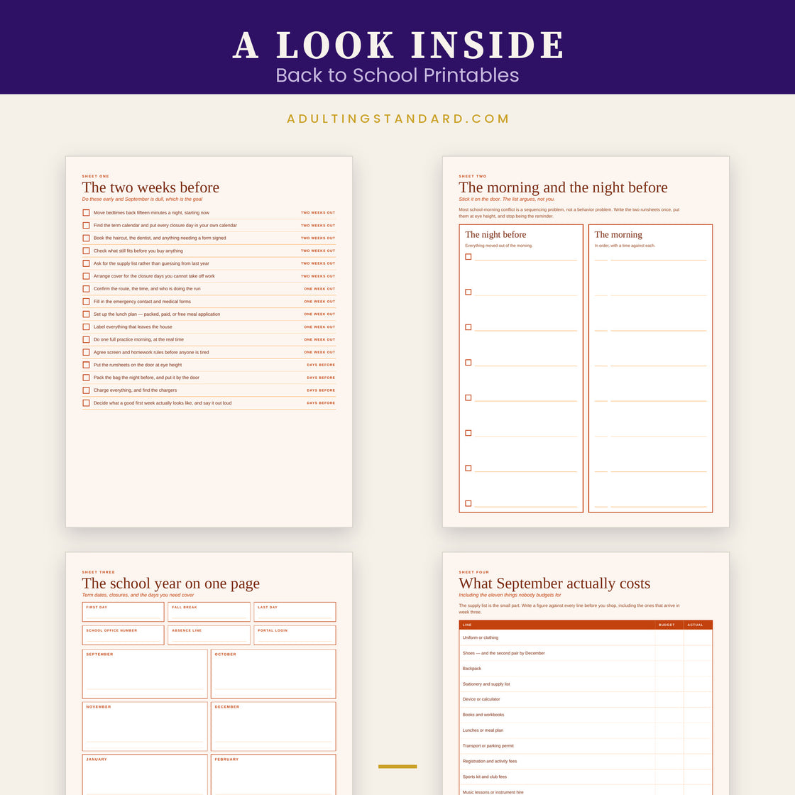 Back to School Printables — a look inside — sample pages