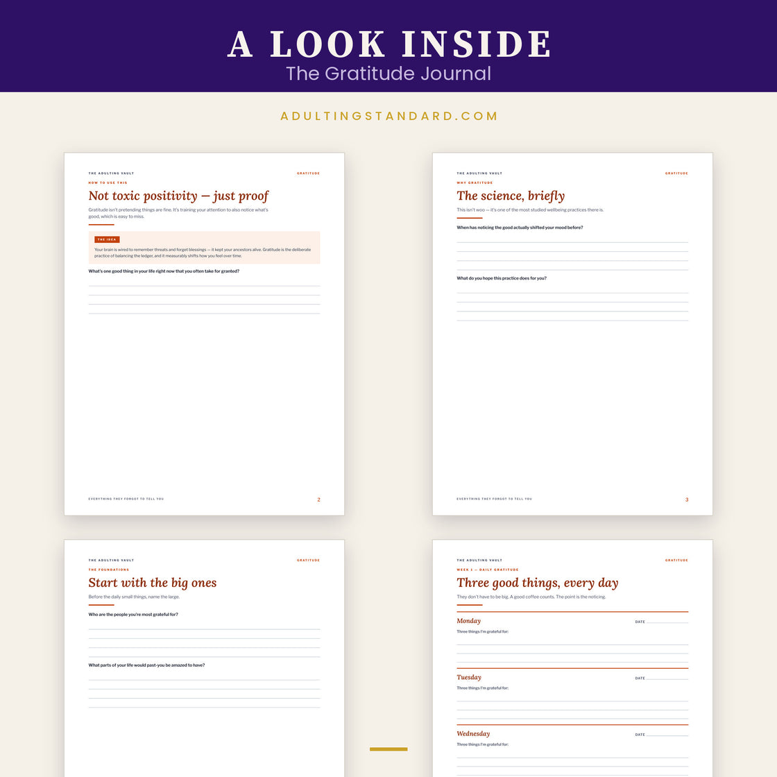 The Gratitude Journal — a look inside — sample pages
