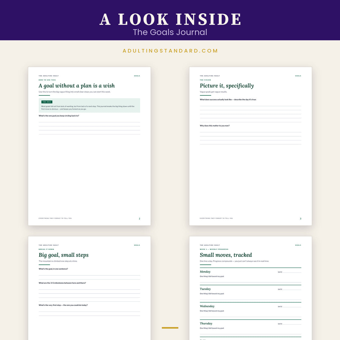 The Goals Journal — a look inside — sample pages