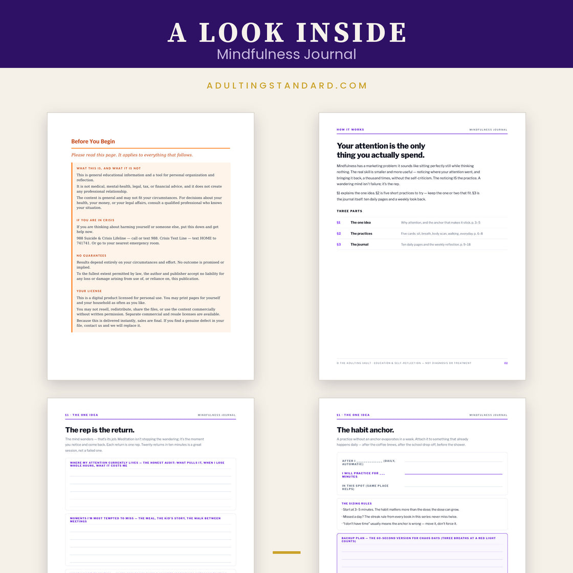 Mindfulness Journal — a look inside — sample pages