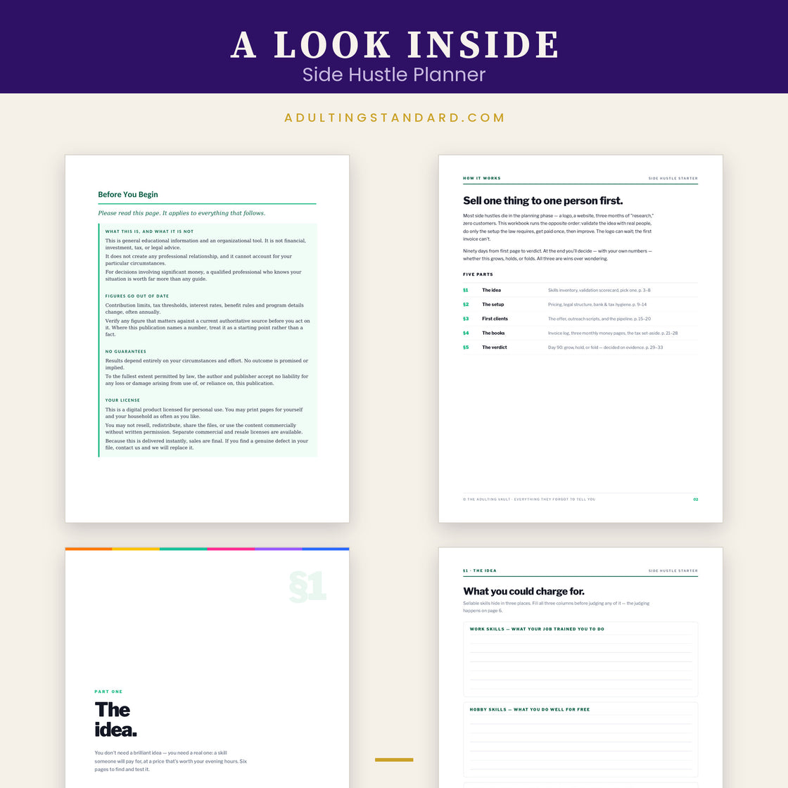 Side Hustle Planner — a look inside — sample pages