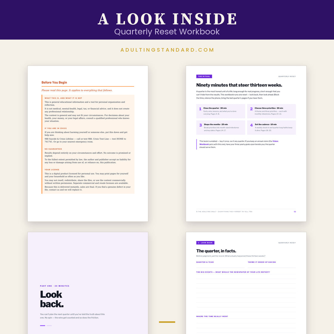 Quarterly Reset Workbook — a look inside — sample pages