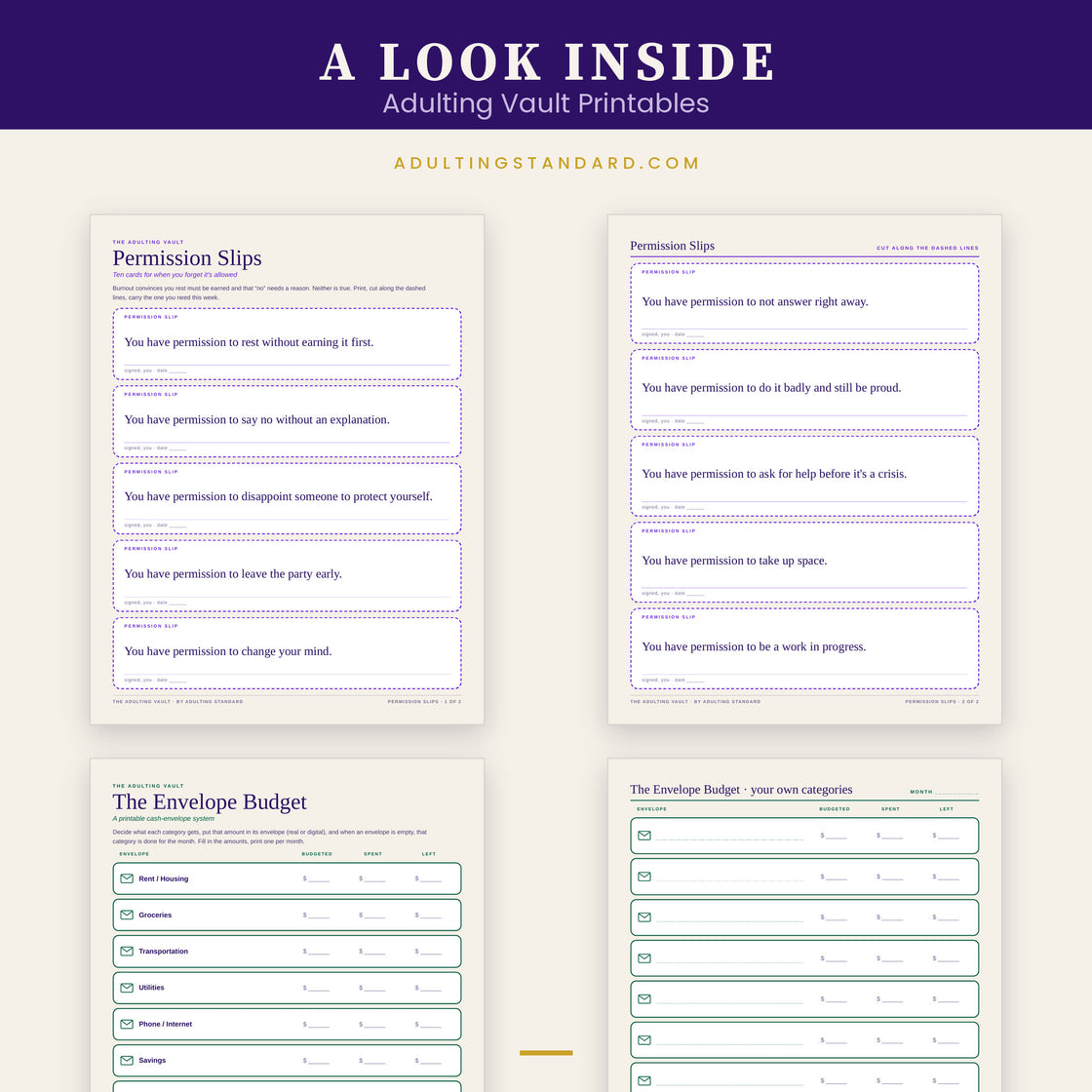 Adulting Vault Printables — a look inside — sample pages