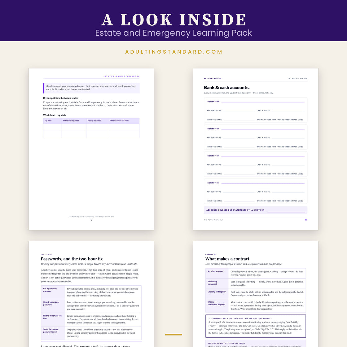 Estate and Emergency Learning Pack - Print Edition interior pages — sample pages
