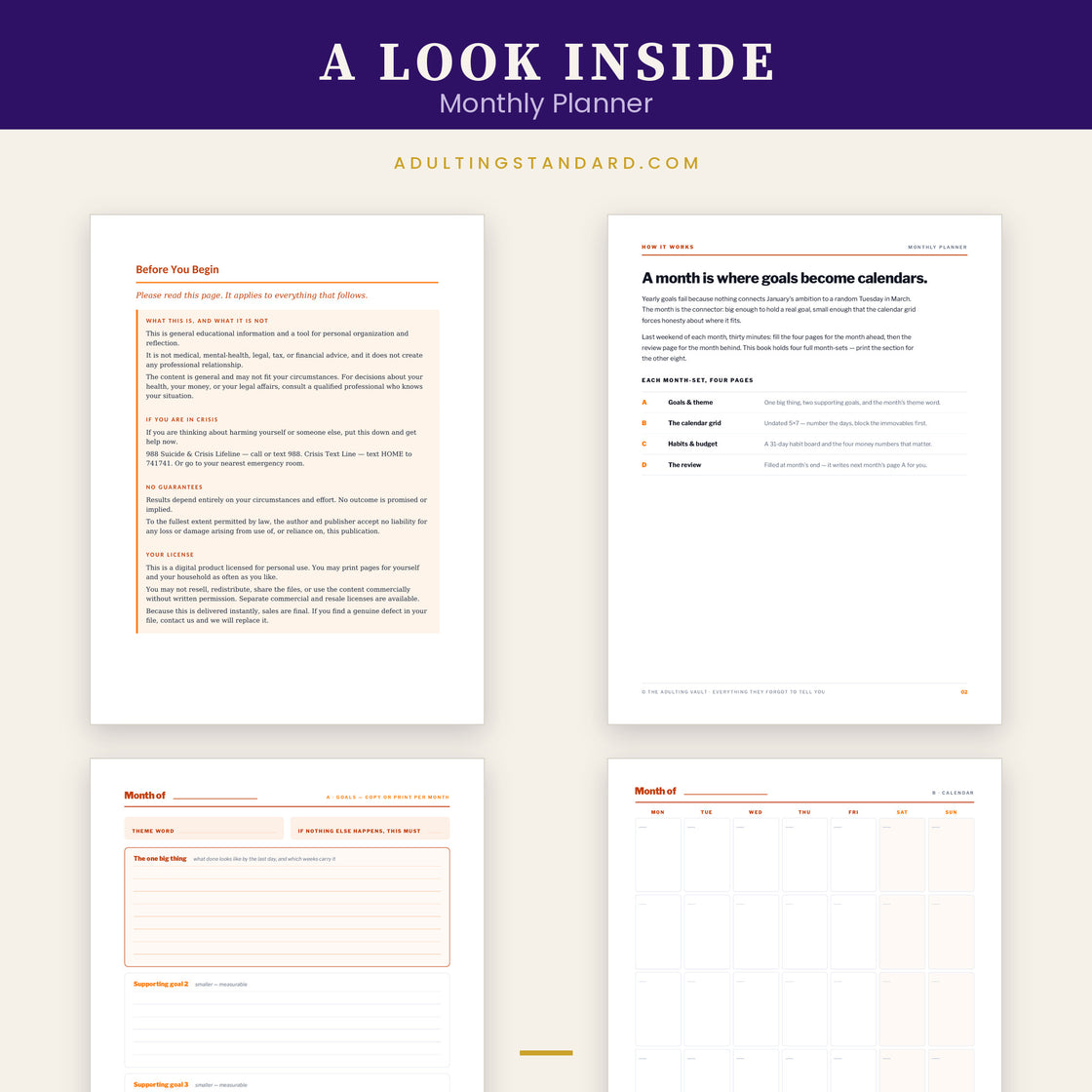 Monthly Planner — a look inside — sample pages
