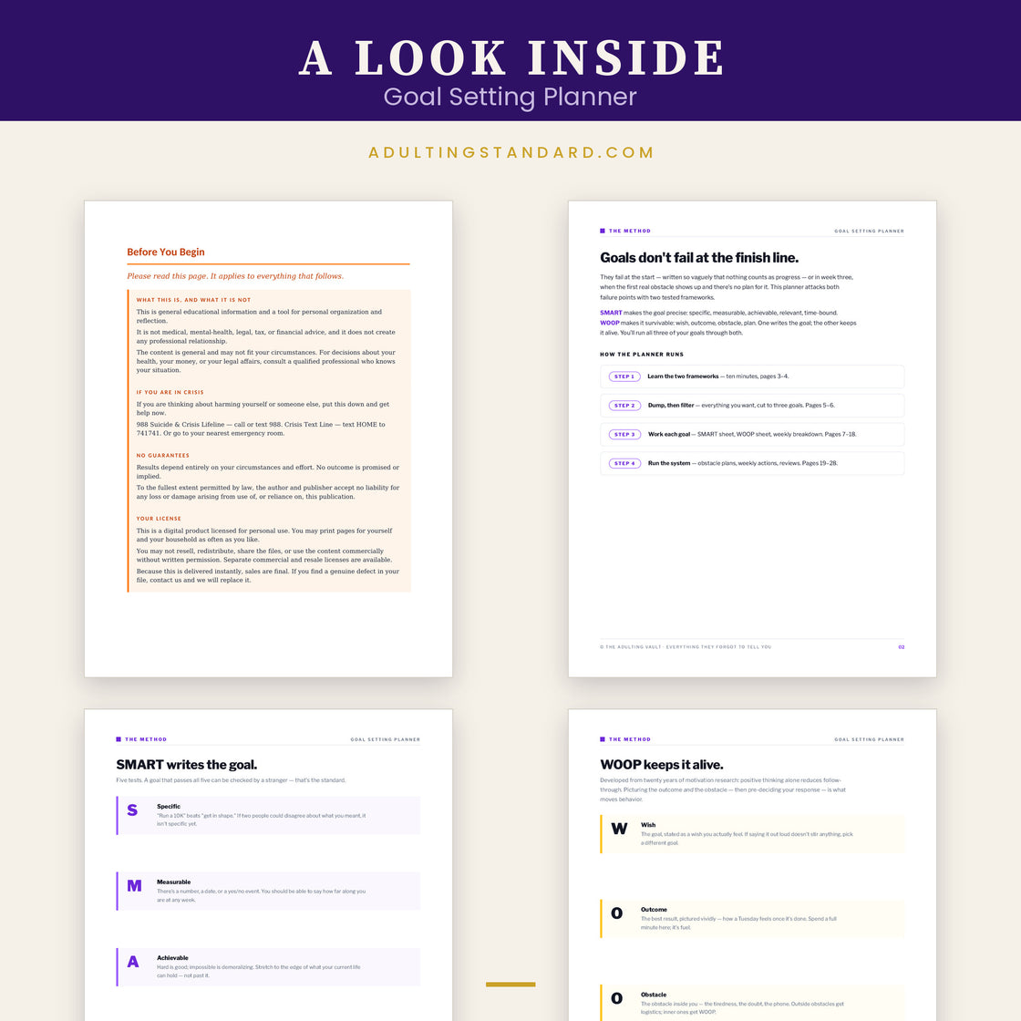 Goal Setting Planner — a look inside — sample pages